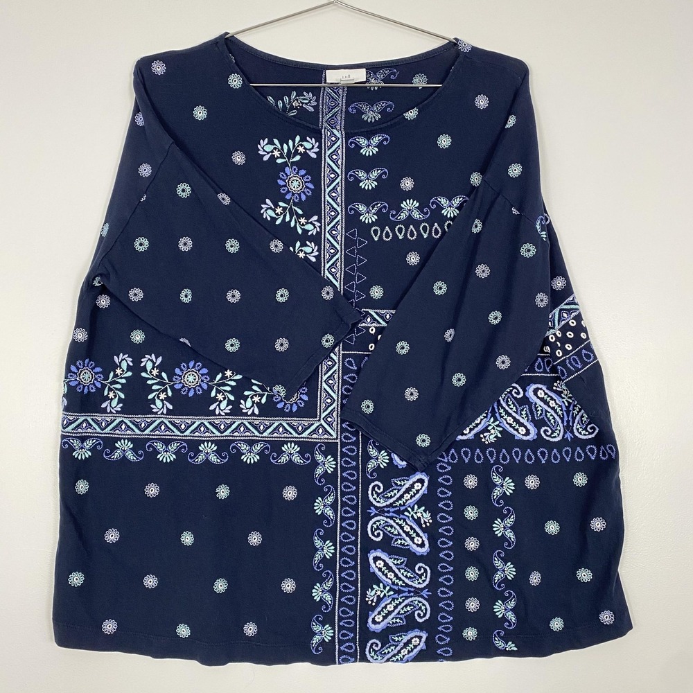 J Jill Shirt Womens XL Blue Paisley Embroidered 3/4 Sleeve Tunic Top Boho Cotton